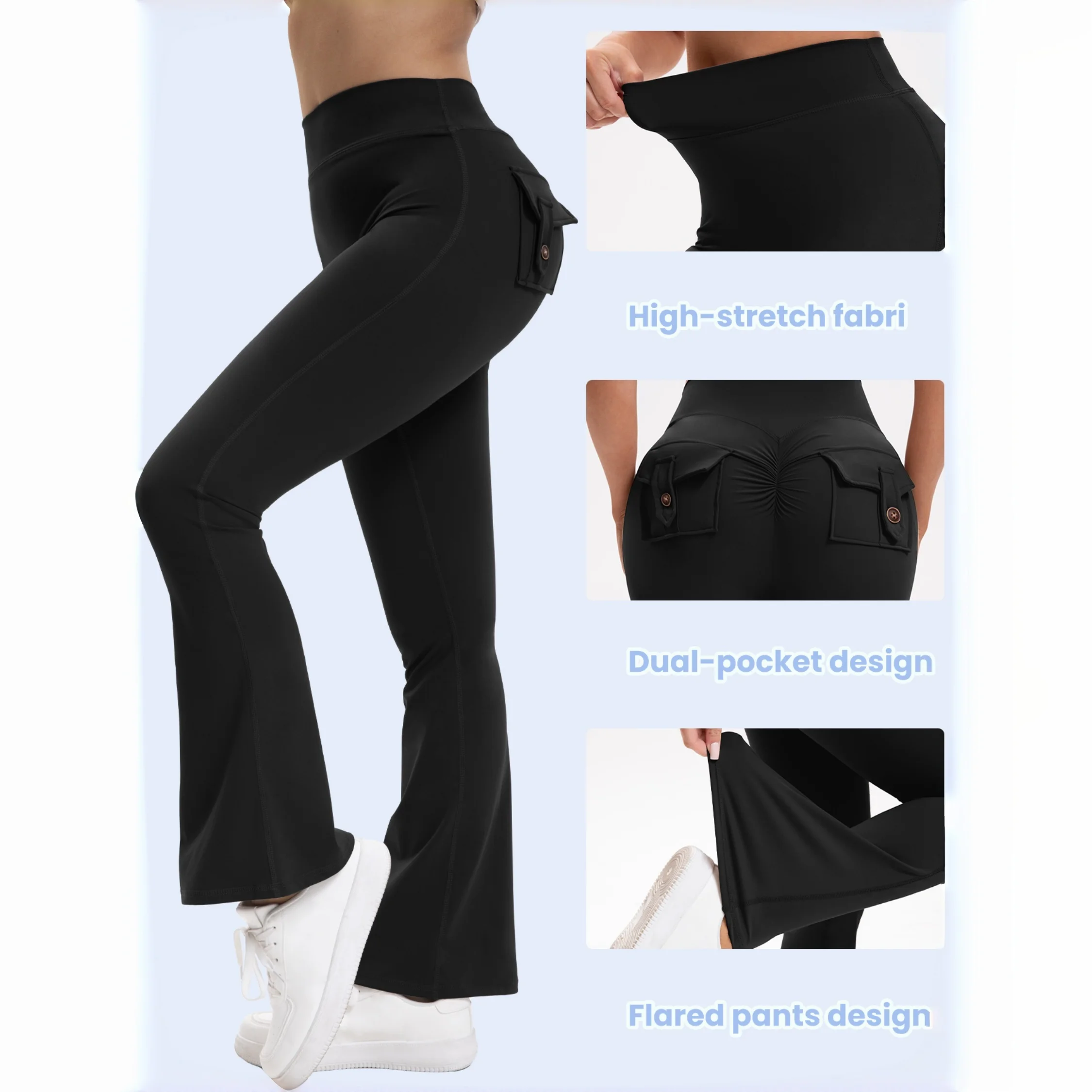 High Waist Scrunch Butt Flare Yoga Pants Women Back Pockets Buttons Decoration Bootcut Leggings Stretch Fitness Workout Bell Bot