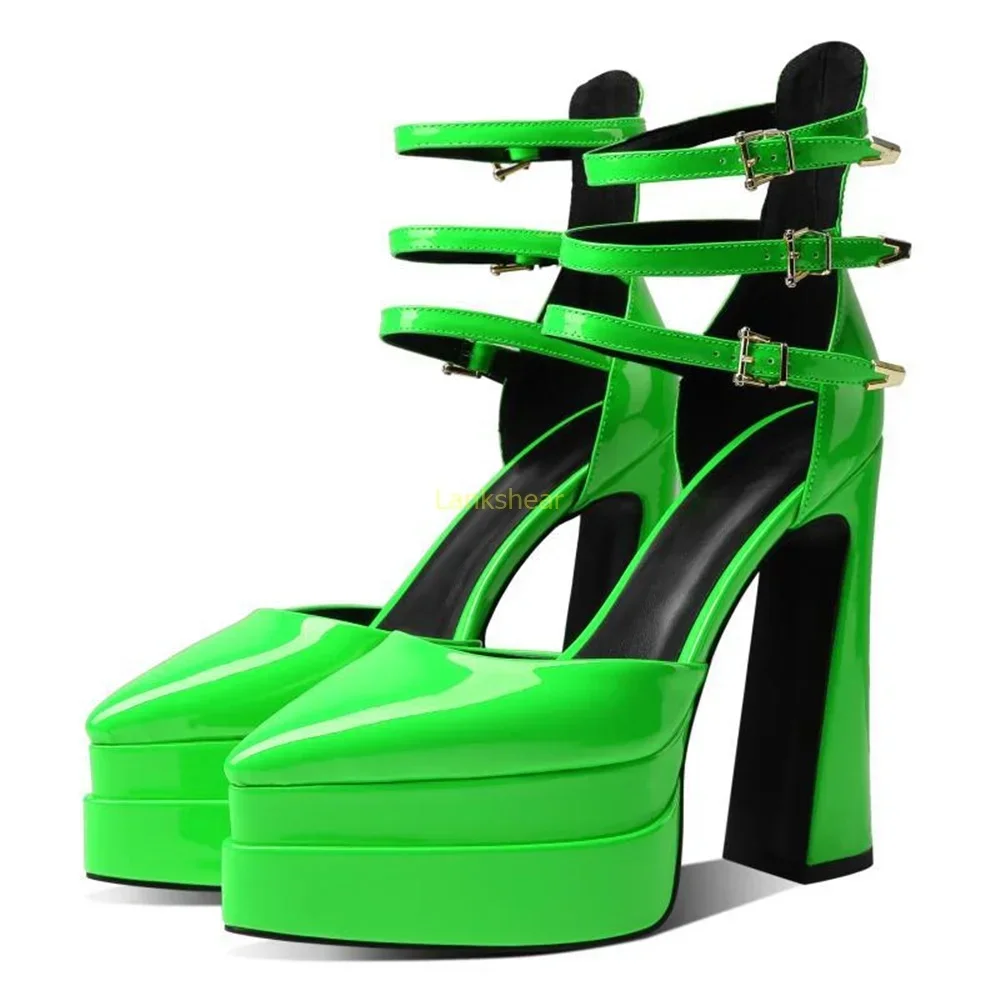 Platform Multi Strap High Heels Patent Leather Sexy Pointed Toe Square Heel Solid New Arrivlas Fashion Women Runway Shoes - view 2