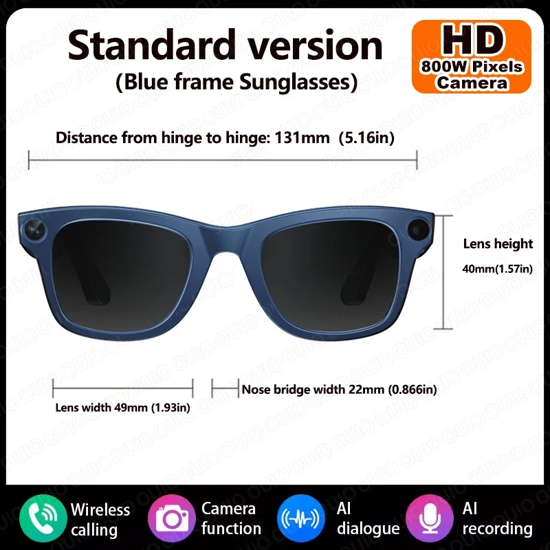 1080P HD 800W Camera Smart Glasses Video Record Translation AI Smart Touch Control Type-C Interface Smart Glasses Bluetooth Call