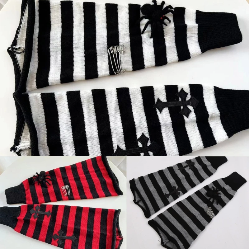 

Harajuku Women Leg Warmers Socks 3D for Cross Metal Pins Striped Knitted Knee High Foot Covers Stockings Streetwe