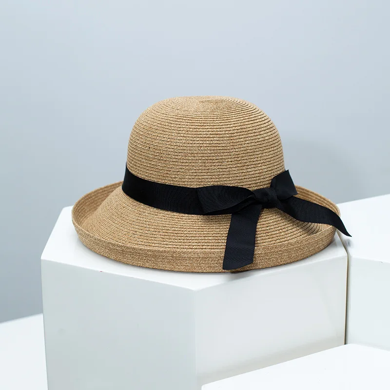 Hepburn Style Curled Brim Straw Bucket Hat for Women, Summer Foldable UV Protection Beach Hat Factory Direct