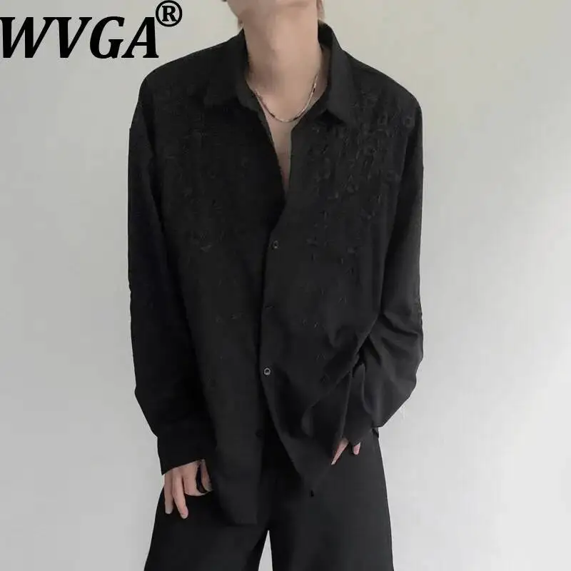 

WVGA Spring New Men's Chinese Style Embroidered Floral Long Sleeve Shirt Niche Chic Casual Turn-down Collar High-end Tops W24457