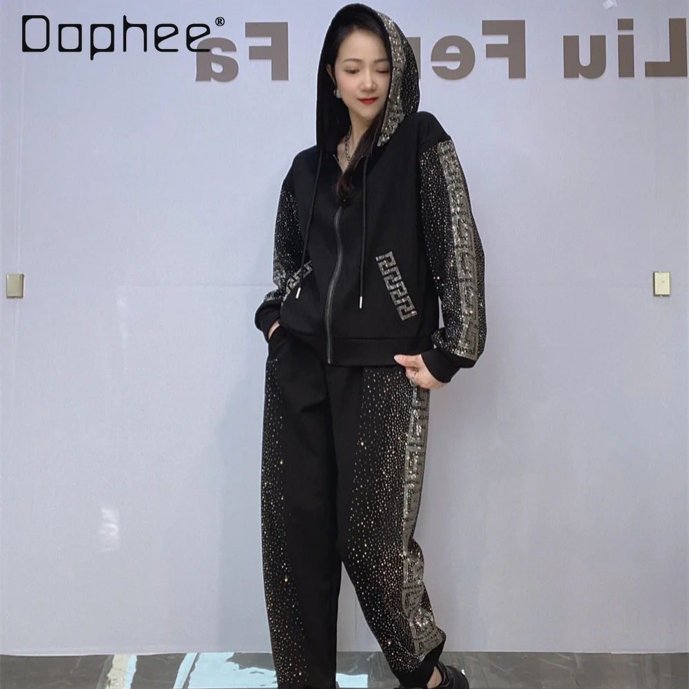 Traje deportivo de otoño para mujer, cárdigan con cremallera, chaqueta con capucha, sudaderas con diseño de diamante caliente, pantalones, ropa informal, conjunto de dos piezas