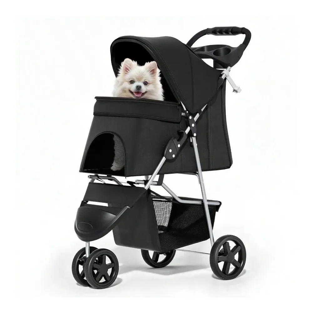 

Dog Strollers Small Dogs With Weather Cover, 3 Wheels Pet Strolling Cart Dogs And Cats With Storage Basket And Cup Holder, Brea