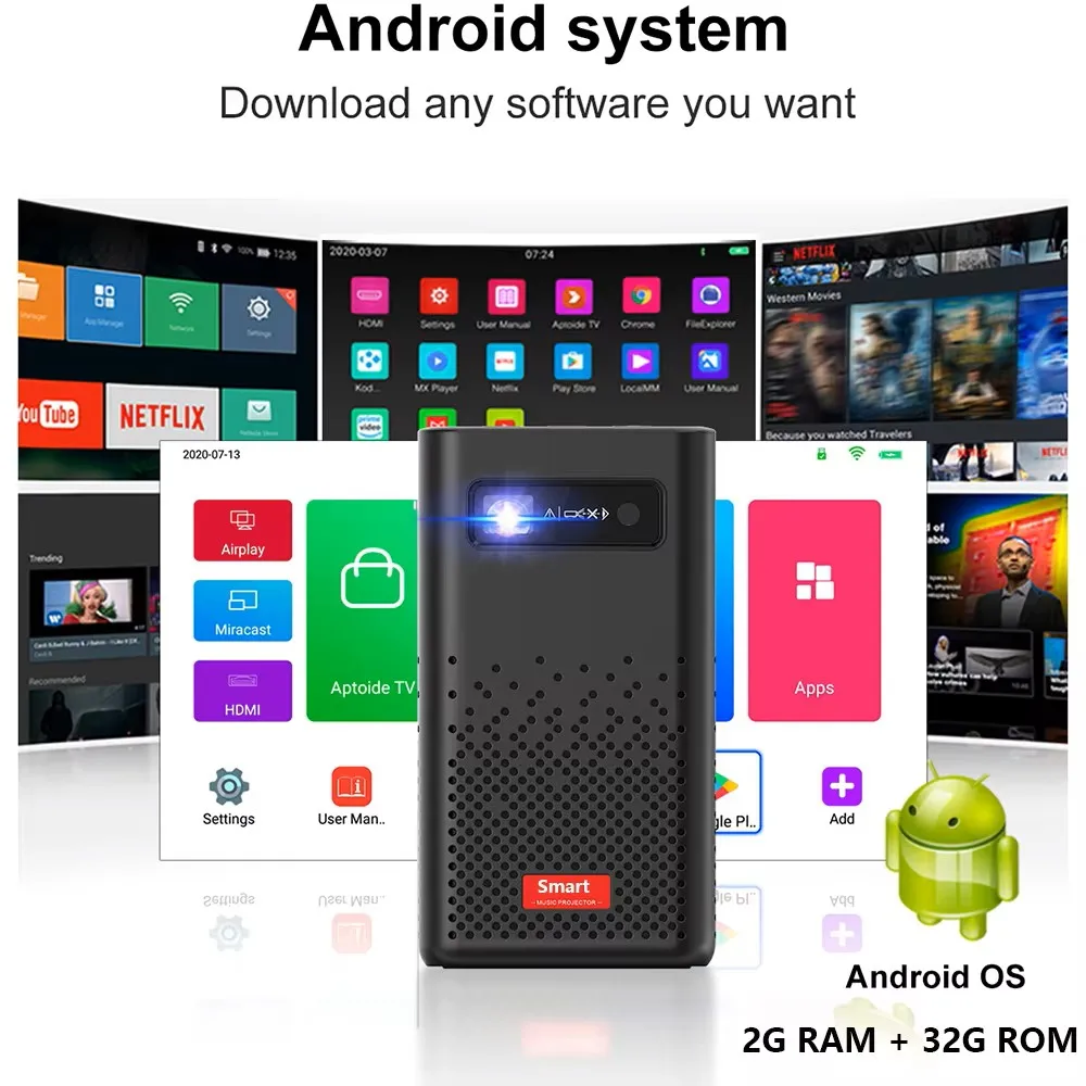 جهاز عرض Smartldea للتخييم في الهواء الطلق جهاز عرض صغير DLP 4K ثلاثي الأبعاد يدعم 1080P BT بطارية مدمجة في حجر المفاتيح التلقائي