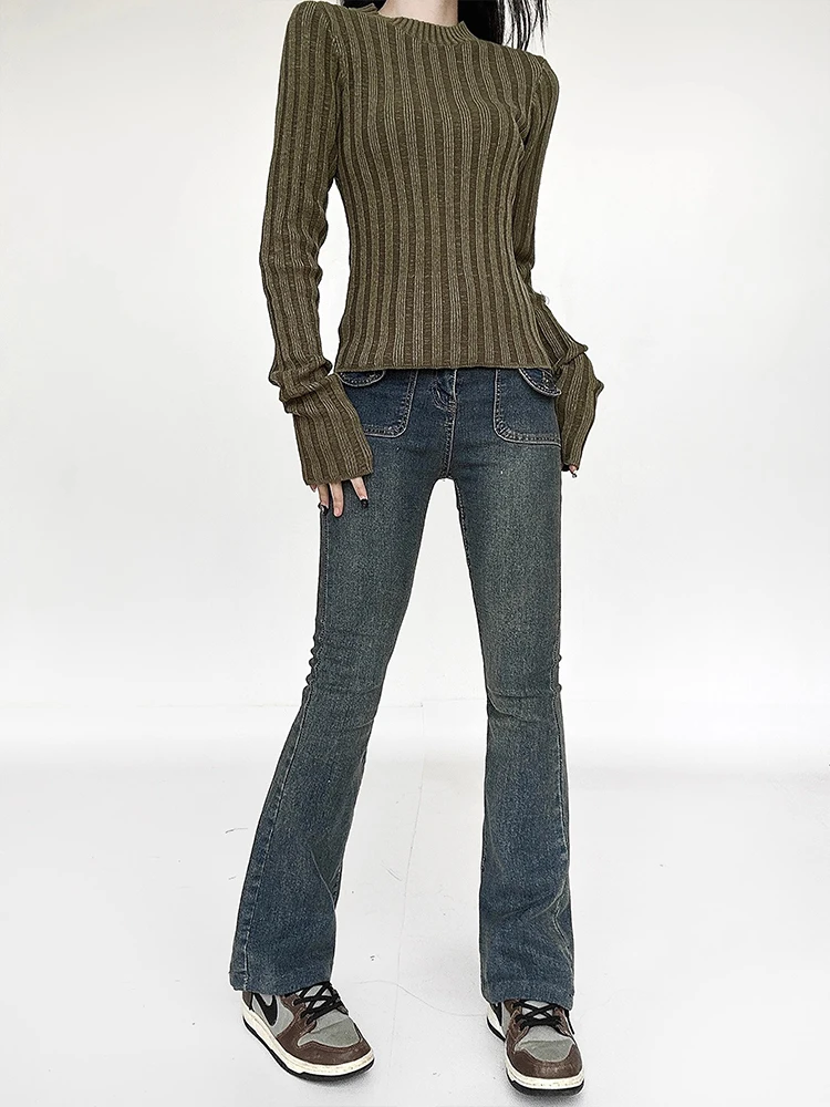 Hot girl retro niche design dark green ribbed sweater