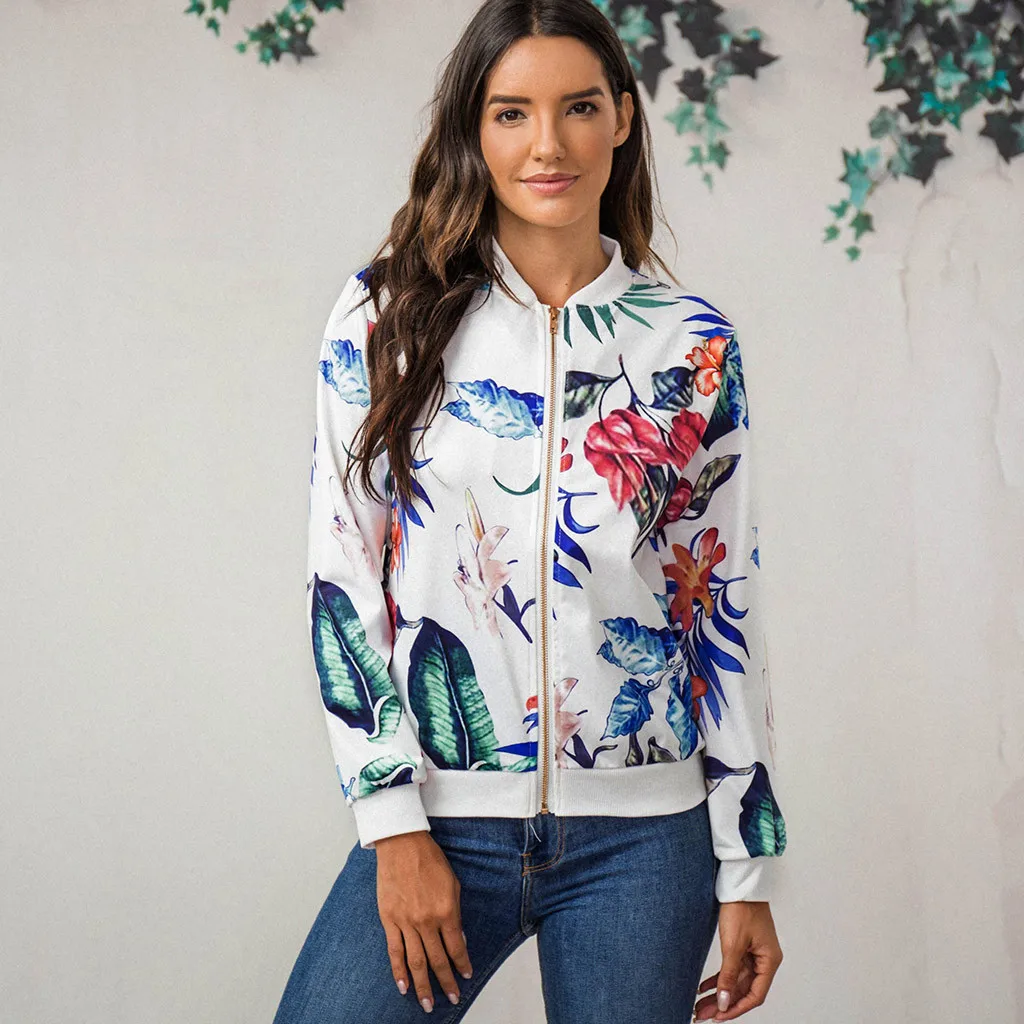 Women Ladies Printing Long Sleeve Tops Zipper Jacket Outwear Loose Tops Streetwear Autumn Winter Jackets Loose Coat