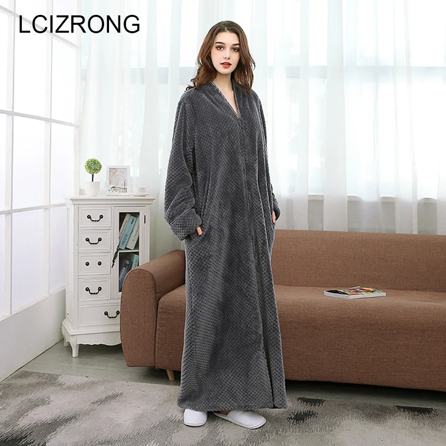 

Winter Plus Size Thick Couple Bathrobe Women/Men Long Sleeve Zipper Split Sexy Bath Robe Warm Dressing Gown Unisex Robes