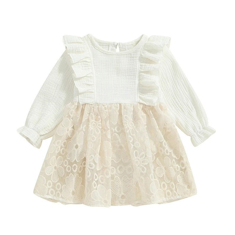 

Infant Baby Girls Clothes Puff Sleeve Ruffle Lace Mesh Dress Newborn Romper Bow at Back Cute Fall Outfit