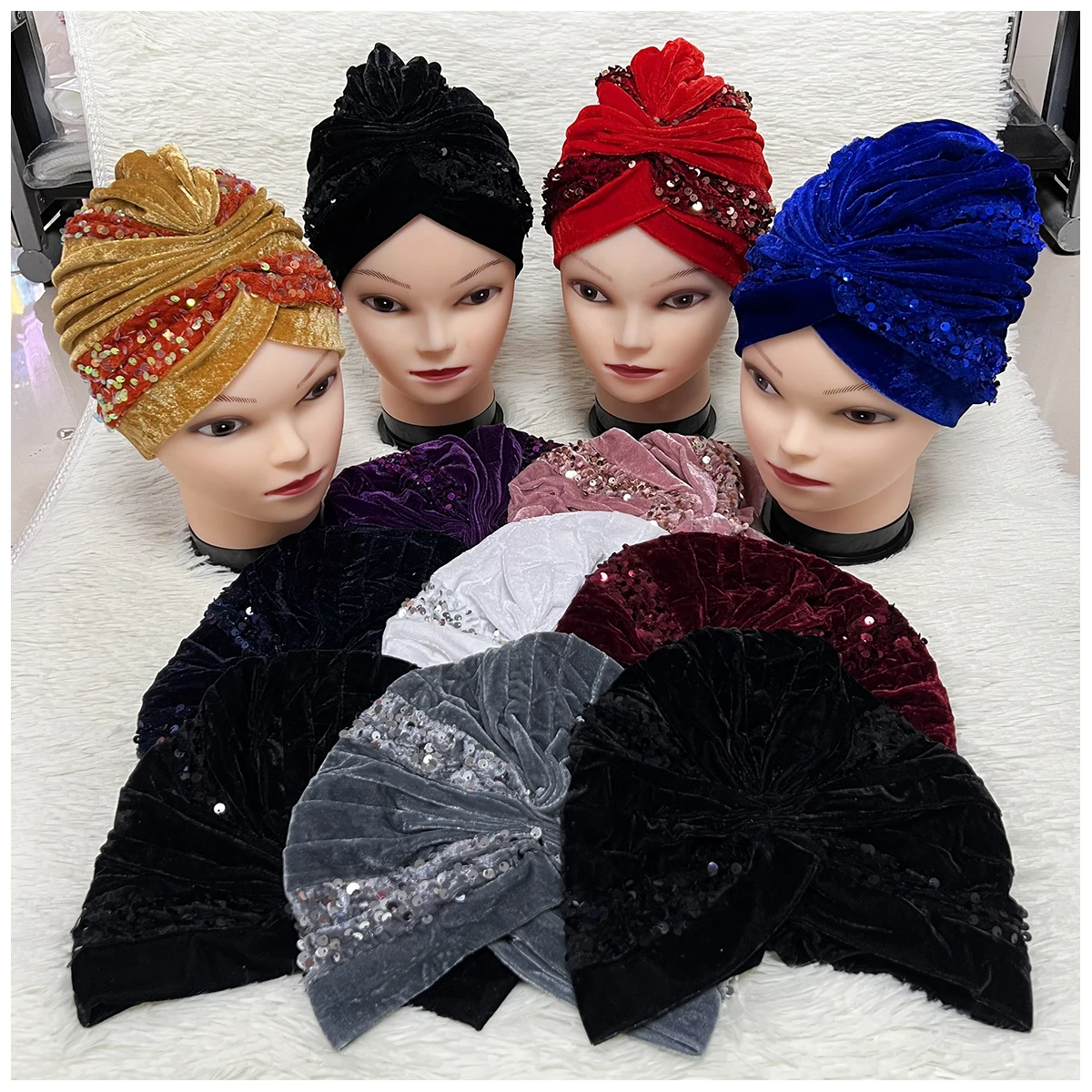 Wholesale 6/12 Elegant Sequined Turban Hat Women Cap Beaded For India Hat Scarfs Head Wrap Headband Girl Hair Accessories Lady