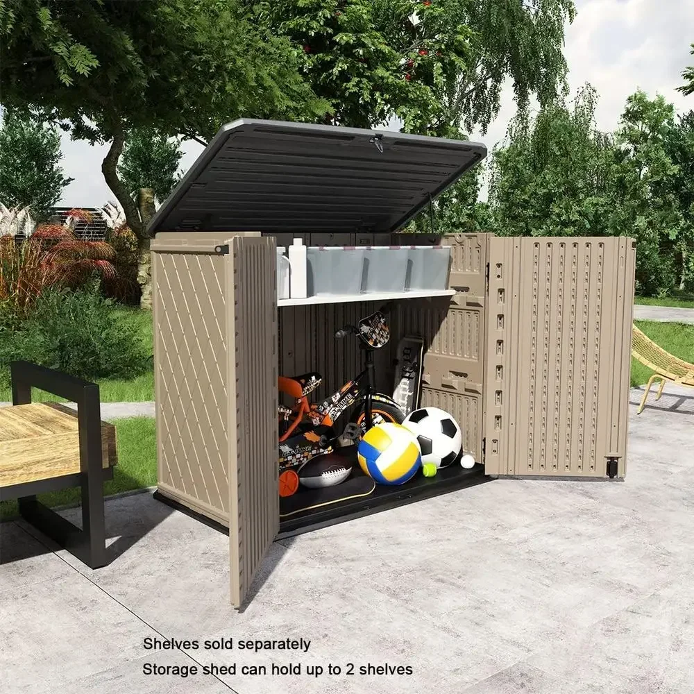 Weatherproof Horizontal Storage Shed for Garden, Patio, Backyard - Multi-Opening Door for Tools, Lawn Mower, 26 Cubic Feet, Brow