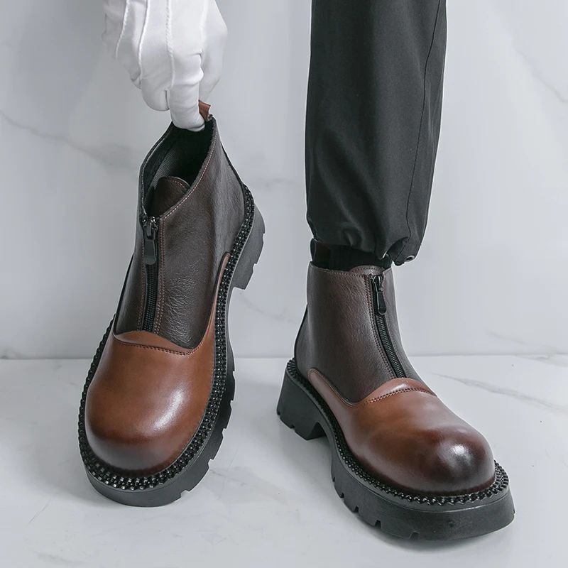 Stivali Chelsea alla moda da uomo Scarpe alte in pelle con suola spessa marrone scuro Stivali da uomo di marca a punta alla moda Taglie 38-46