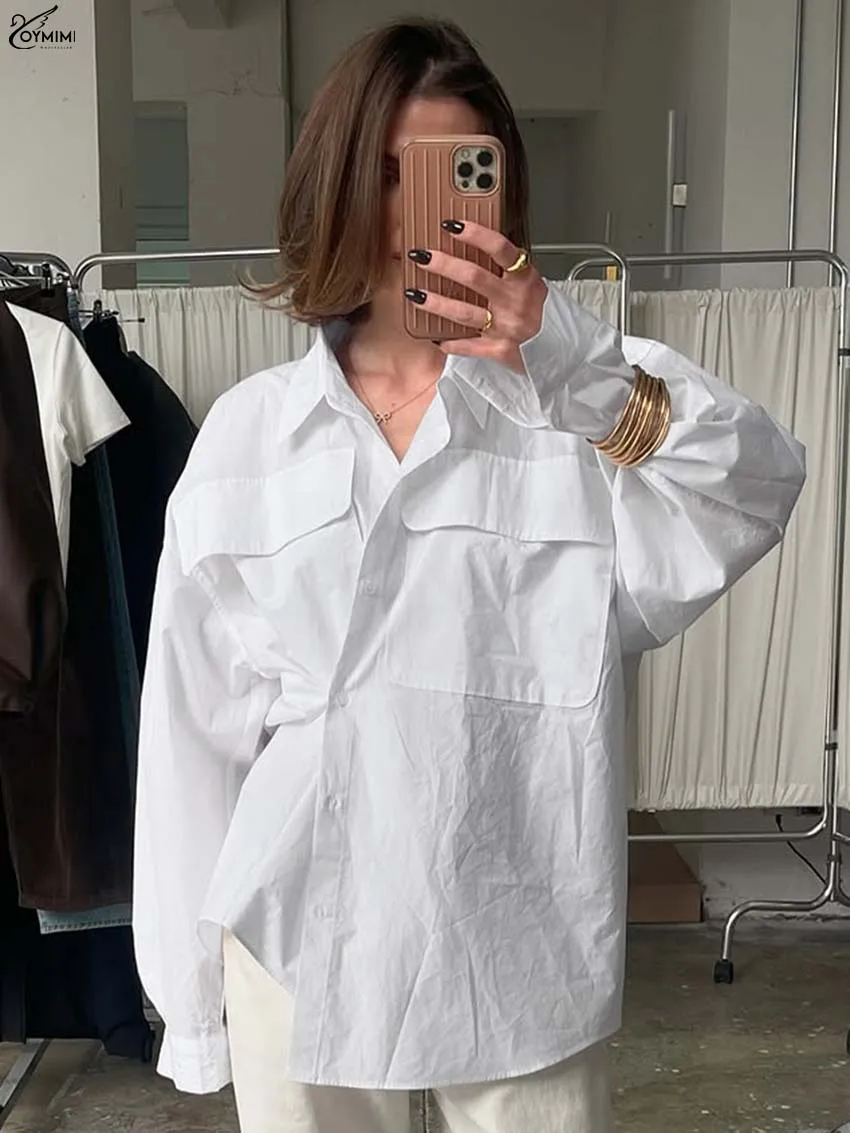 

Oymimi Fashion White Cotton Women's Blouse Elegant Turn-Down Collar Pockets Long Sleeve Blouses Autumn New Single Breasted Shirt