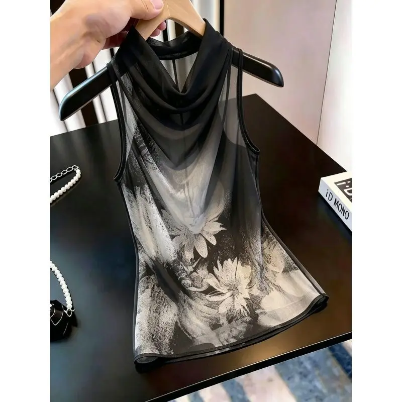 Retro Atmosphere Waterprint Sleeveless Shirt Women's Collar Slimming Commute Outerwear V-Neck Fashionable Summer Top