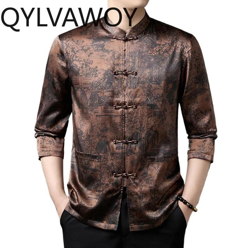 QYLVAWOY 90.8% Real Mulberry Silk Men's Shirts High-end Xiangyunsha Tops Long Sleeves Shirts Lapel Chinese Shirts for Man Luxury