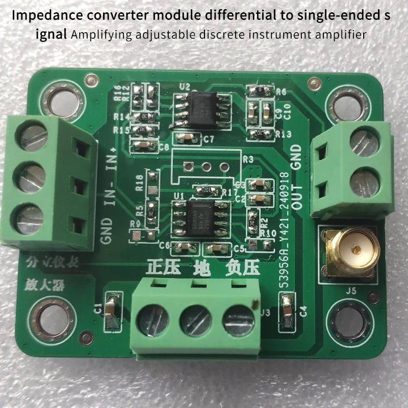 Impedance converter module differential to single-ended signal Amplifying adjustable discrete instrument amplifier