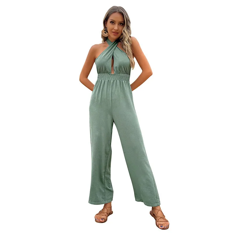 Women High Street Green Jumpsuits Chic Halter Sleeveless Sexy Hollow Out Jumpsuits Ladies Fashion Slim Backless Romper Lace Up