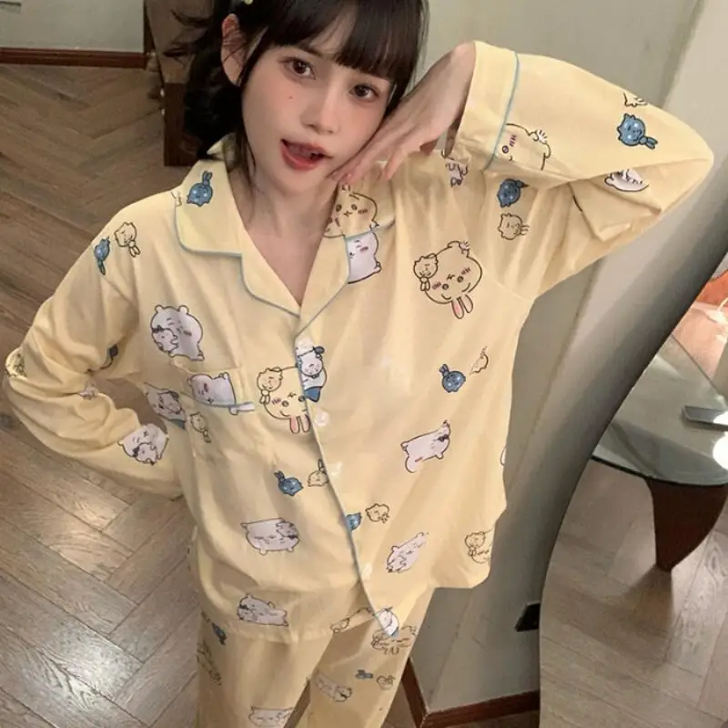 Hot Anime Chiikawa Women's Pajamas Cartoon Kawaii Girl New Sleepwear Cotton Home Wear Pajamas Set Woman Student Comfort Pijama