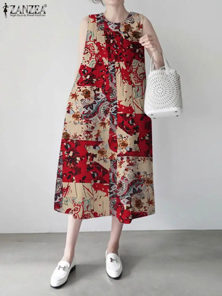 

Платье ZANZEA женское праздничное без рукавов, модный Повседневный Сарафан из 2024 хлопка с круглым вырезом, в ретро стиле, с принтом