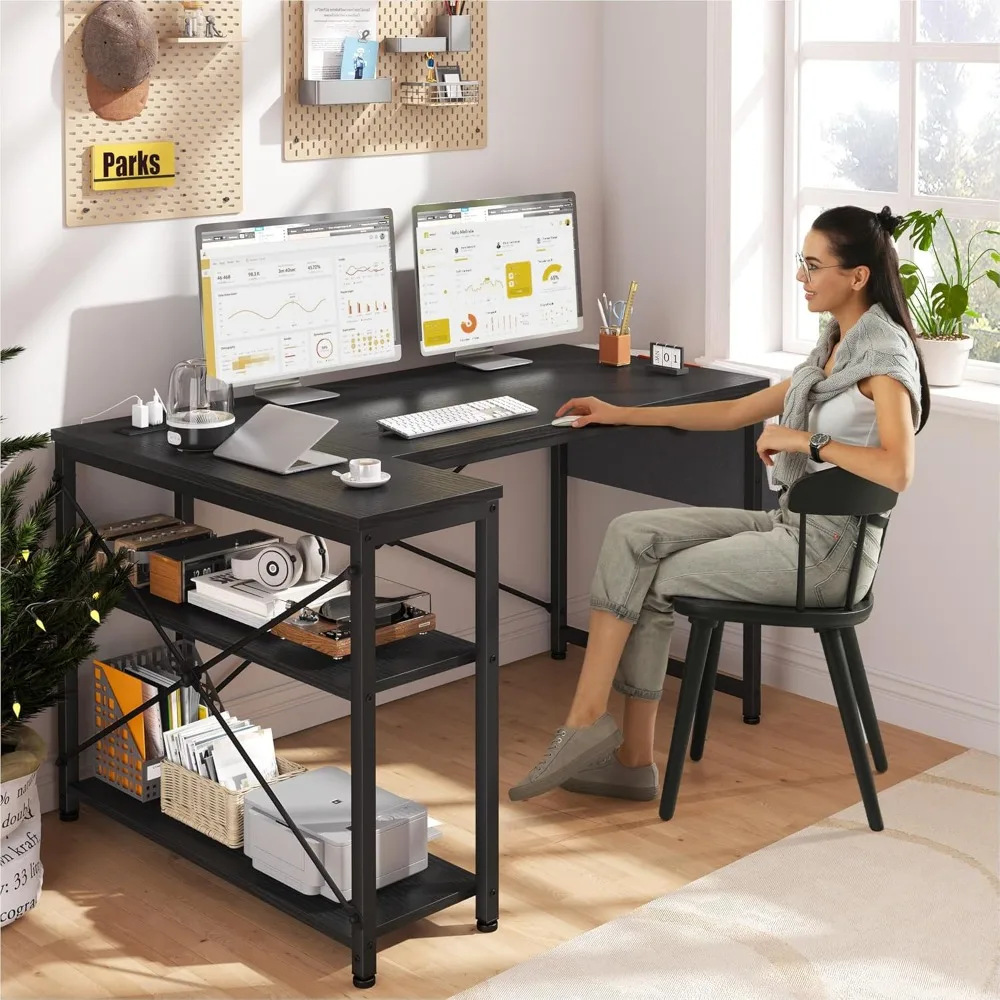 48 Inch L Shaped Desk with Storage Shelves & Side Bag, Computer Desk with Power Outlets, Reversible Corner desks