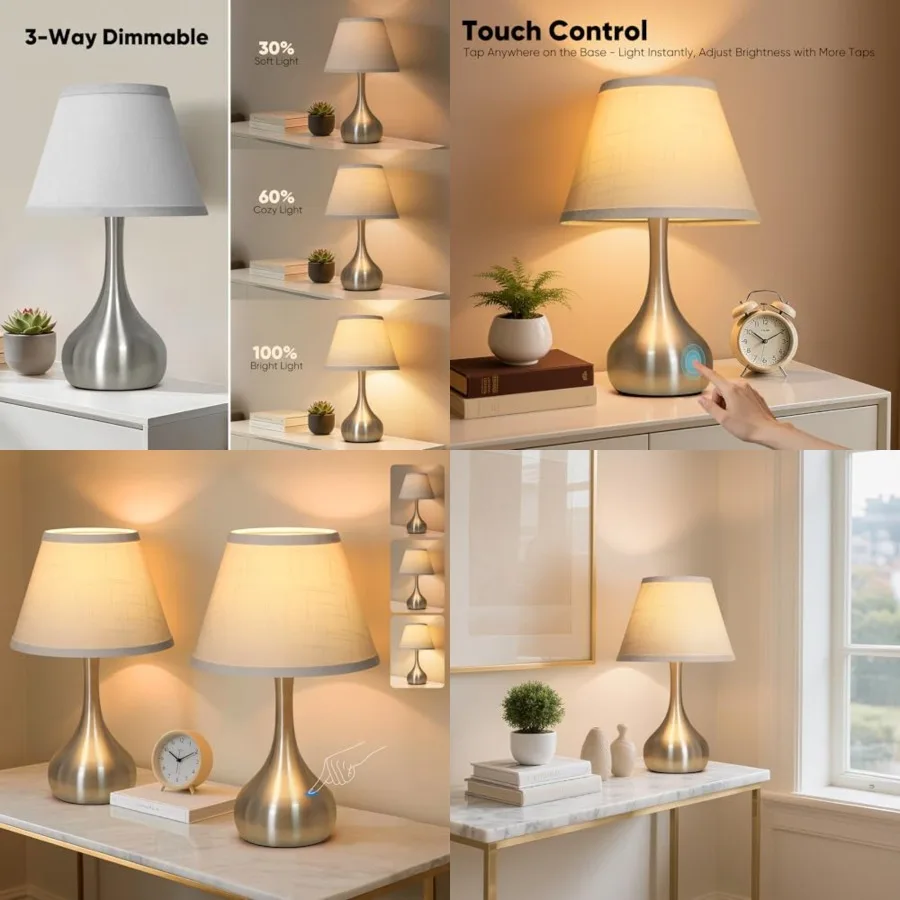 

17" Touch Table Lamp for Bedroom Set of 2, 3-Way Dimmable Bedside Lamp for Nightstand, Modern Metal Desk Lamp with Linen Shade