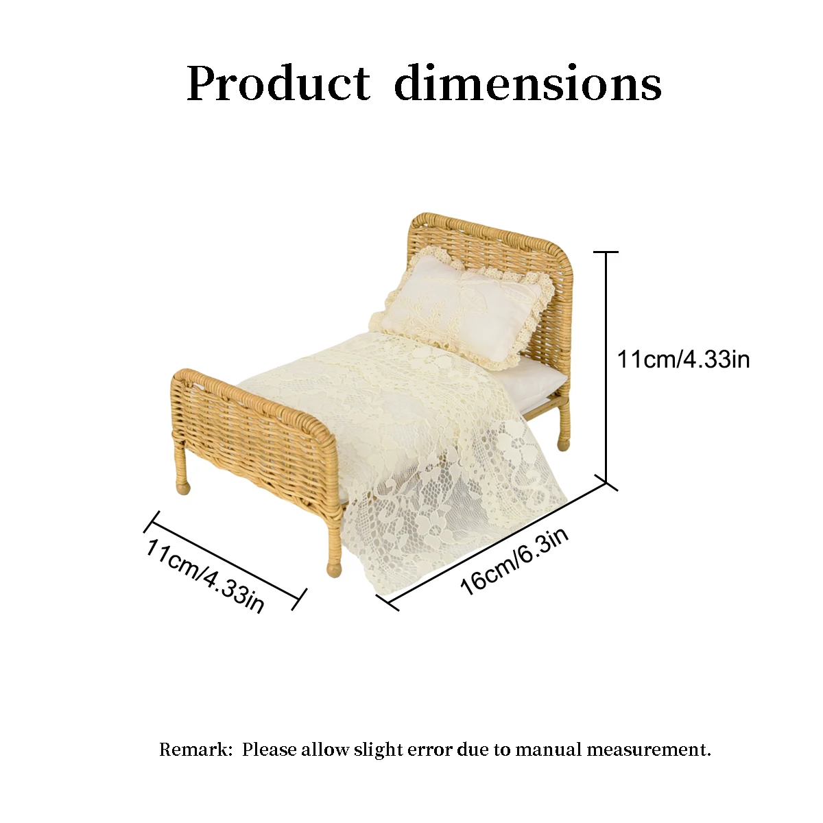 1:8-1:12 Miniature Furniture L-16Cm Light-Colored Rattan Bed with Bedding Suitable for Dollhouse Furniture Decoration