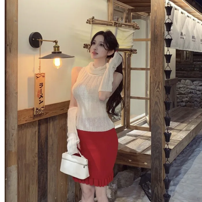 Модный вязаный повседневный красный топ с утягивающей талией и осенне-зимний комплект для женщин, свитер с высоким воротником