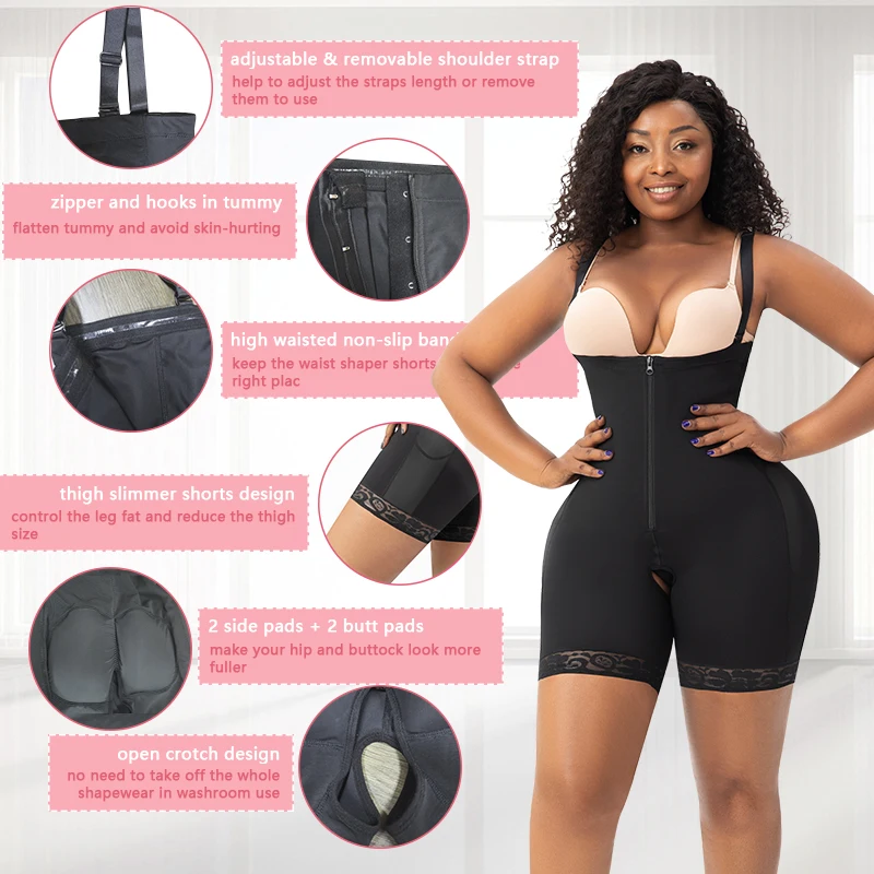Compression Tummy Control Body Shaper Women 4pcs Removable Padded Butt Lifter Shapewear Shorts Fajas With Open Crotch Design