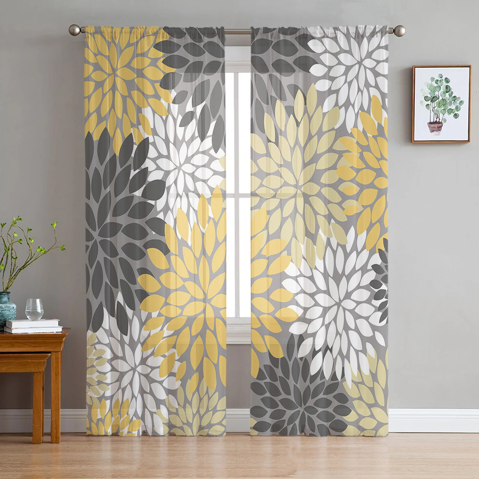 Dahlia Vintage Color Yellow Flower Tulle Curtains for Living Room Sheer Curtains for Bedroom Kitchen Window Curtain