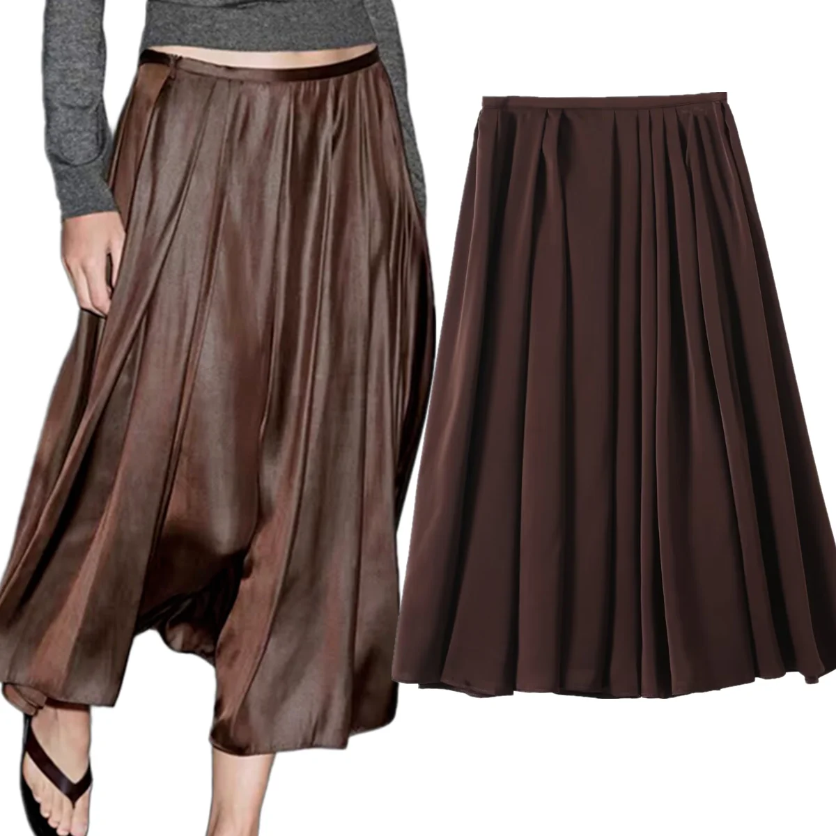 Maxdutti Nordic Minimalist Satin Pleated Skirt High Waist Large Swing Skirt Fashion Ladies Midi Skirt For Women