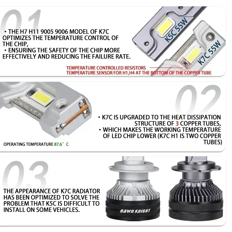 DAWNKNIGHT K7C 4300K H7 H4 H11 Led Lamp 3 Copper Tube Led Lights For Car H1  HB3 9005 HB4 9006 12V Led Headlight Bulb image 2