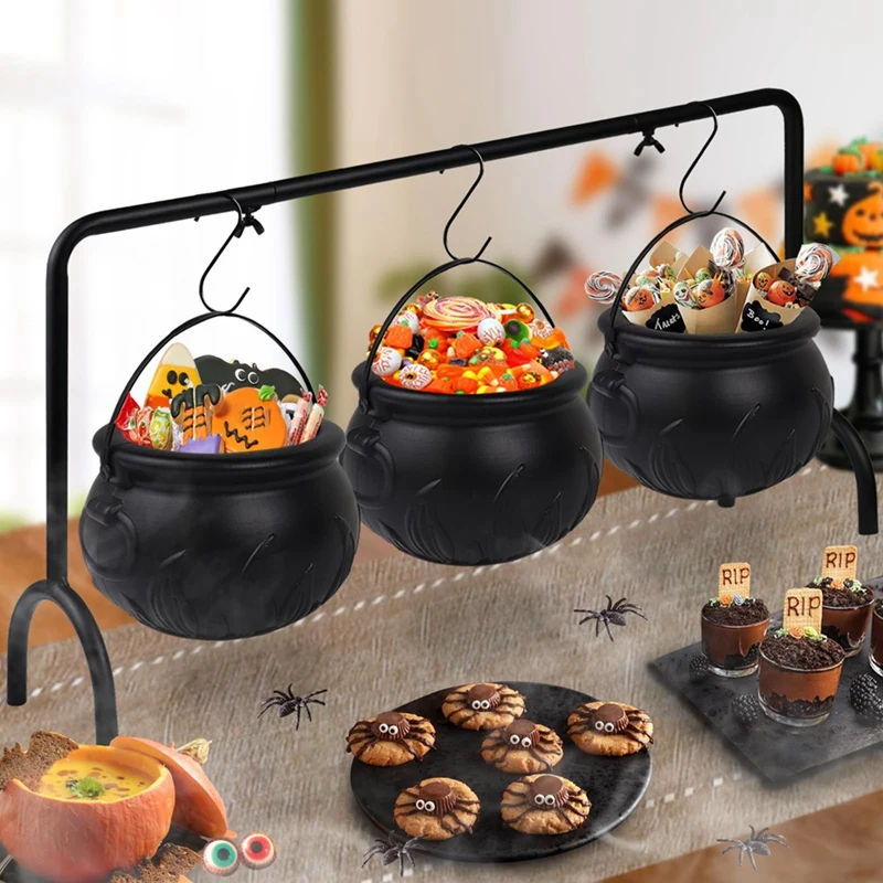 Halloween Witch Cauldron Candy Serving Bowl Decor Spooky Candy Bucket Punch Bowls Cauldron Bowls With Iron Rack Easy Install