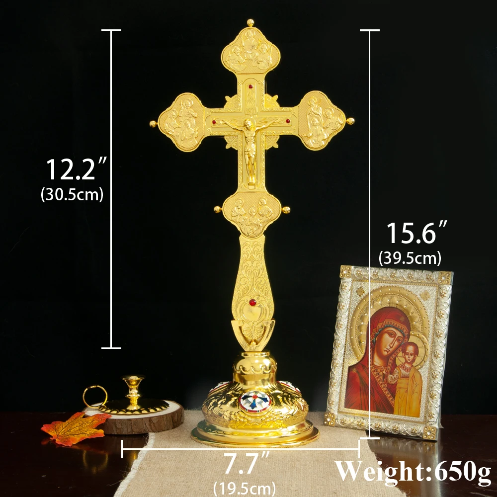 HTISOK Orthodox Altar Crucifix Zinc Alloy Gold Plated, Engraved Saints Icons and Red Gemstones, Church Home Religious Decor