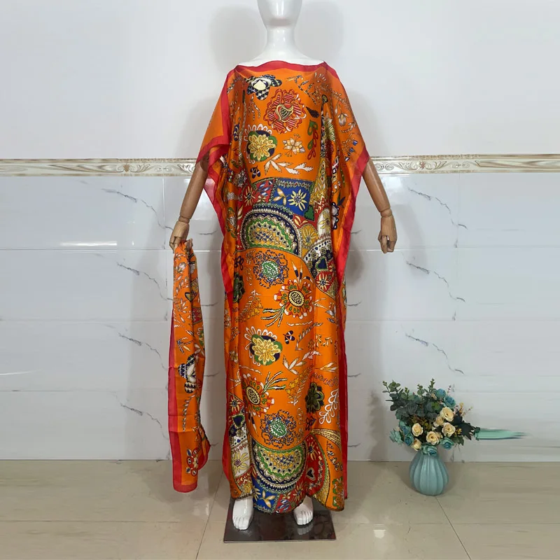 2023 New African dresses for woman Party Lace Embroidered silk kaftan Pressed Diamond Pattern Long Dress With Scarf For Lady