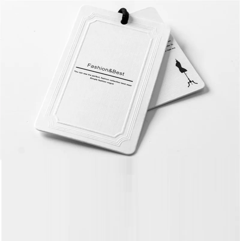 Eco-friendly Custom Embossed Debossed Brand Logo White Pape Swing Hang Tag With String for Garment Swing Tag