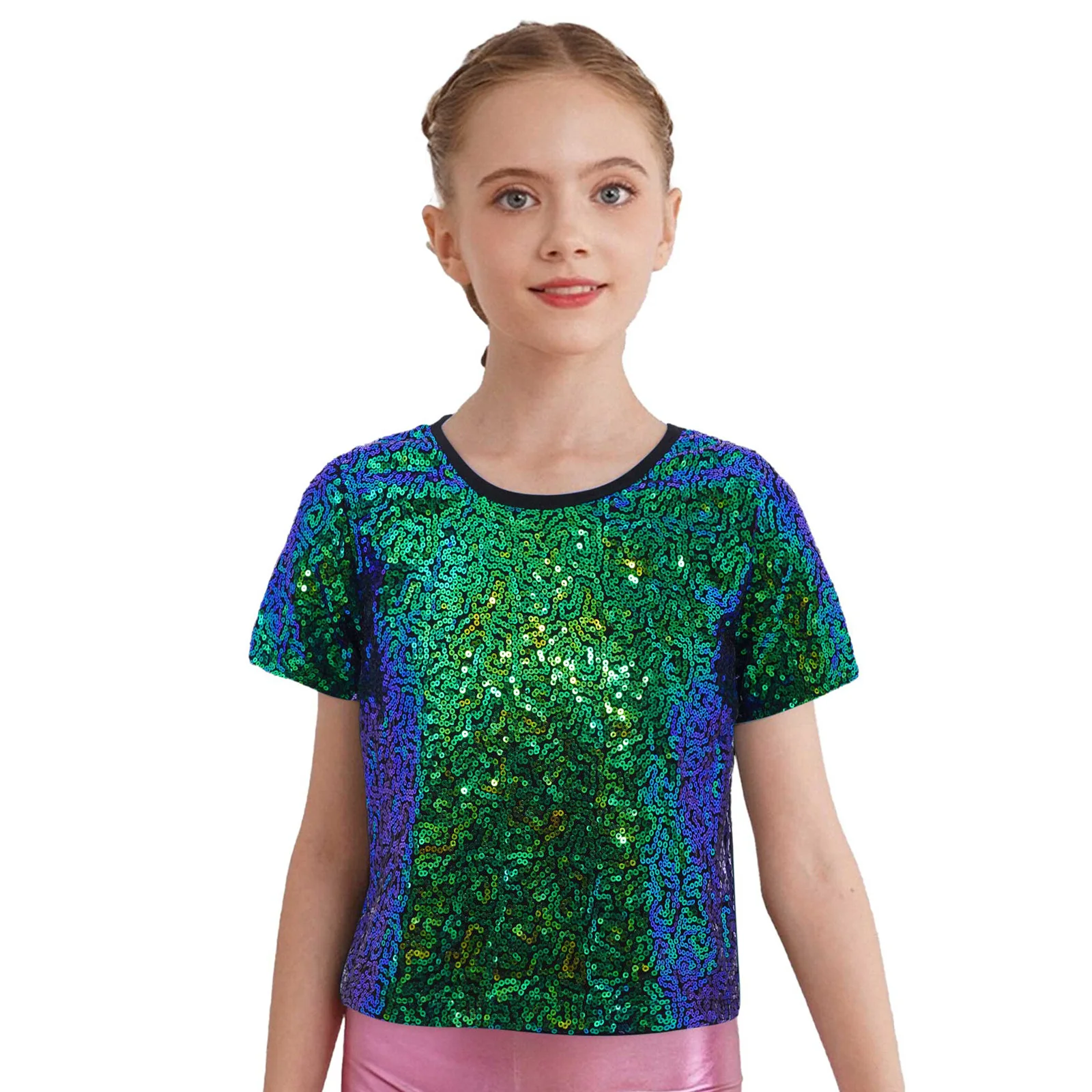 Girls Hip Hop Jazz Cheerleading Dance T-shirt Round Neck Short Sleeves Shiny Sequins Top for School Party Stage Performance