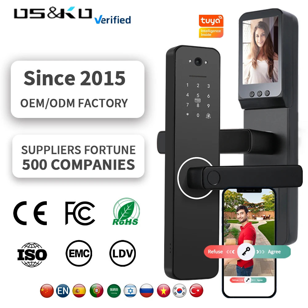 Tuya Wifi Smart Door Lock Security Camera Fingerprint Code Face Recognition RFID Card Key App Remote Control  Unlock