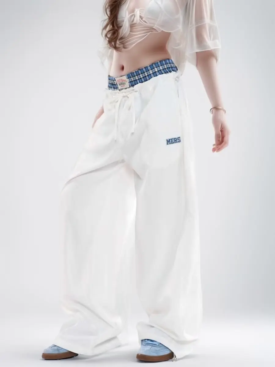 Faux pantalon de survêtement décontracté en deux pièces à jambe large, patchwork de tête à carreaux, streetwear blanc, pantalon de parachute, jambe double taille, FJK, Y2K