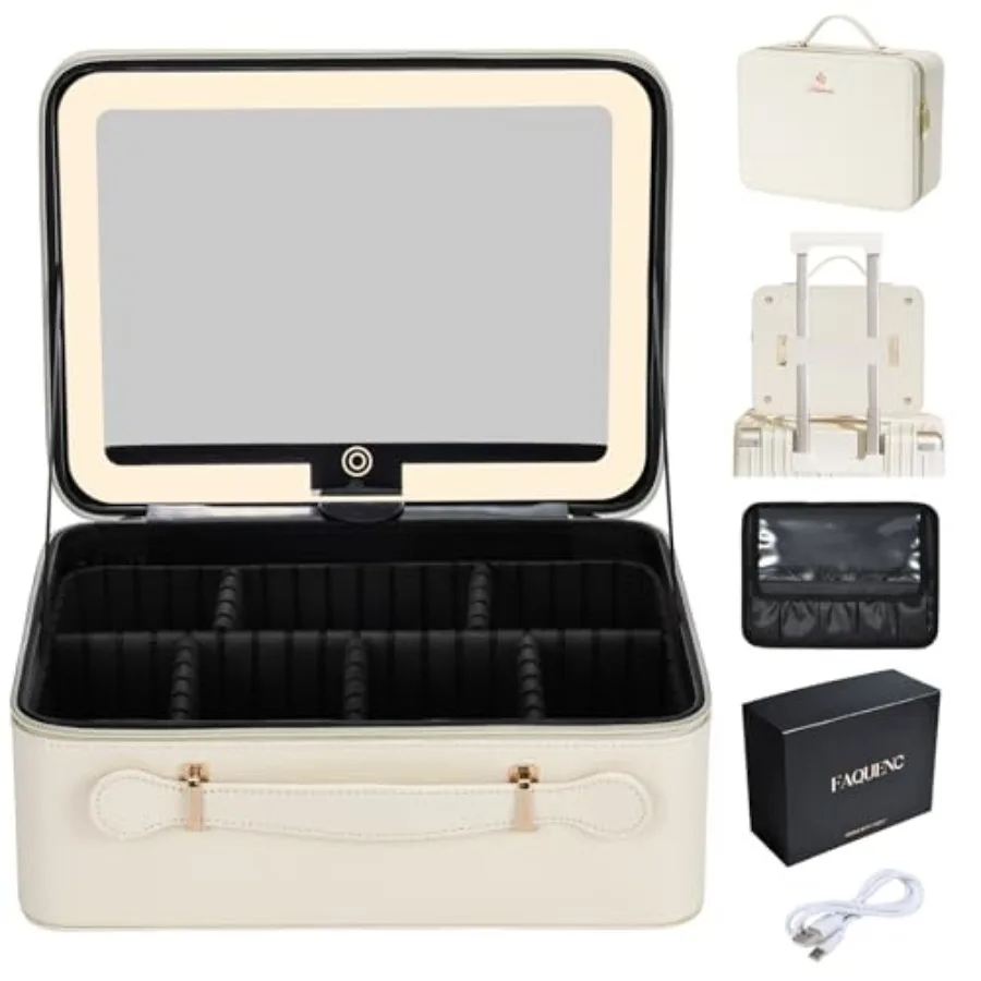 

Leather Makeup Case with LED Lighted Mirror Travel Makeup Bag Adjustable Brightness in 3 Colors Cosmetic Organizer Artist Stora