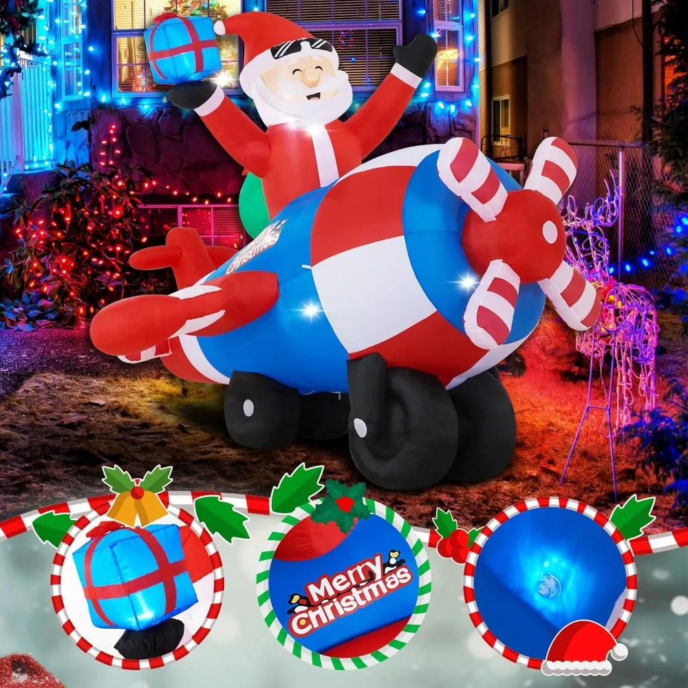 عيد الميلاد نفخ سانتا كلوز على طائرة هليكوبتر مع المروحة الدوارة في الهواء الطلق ديكورات للباحة