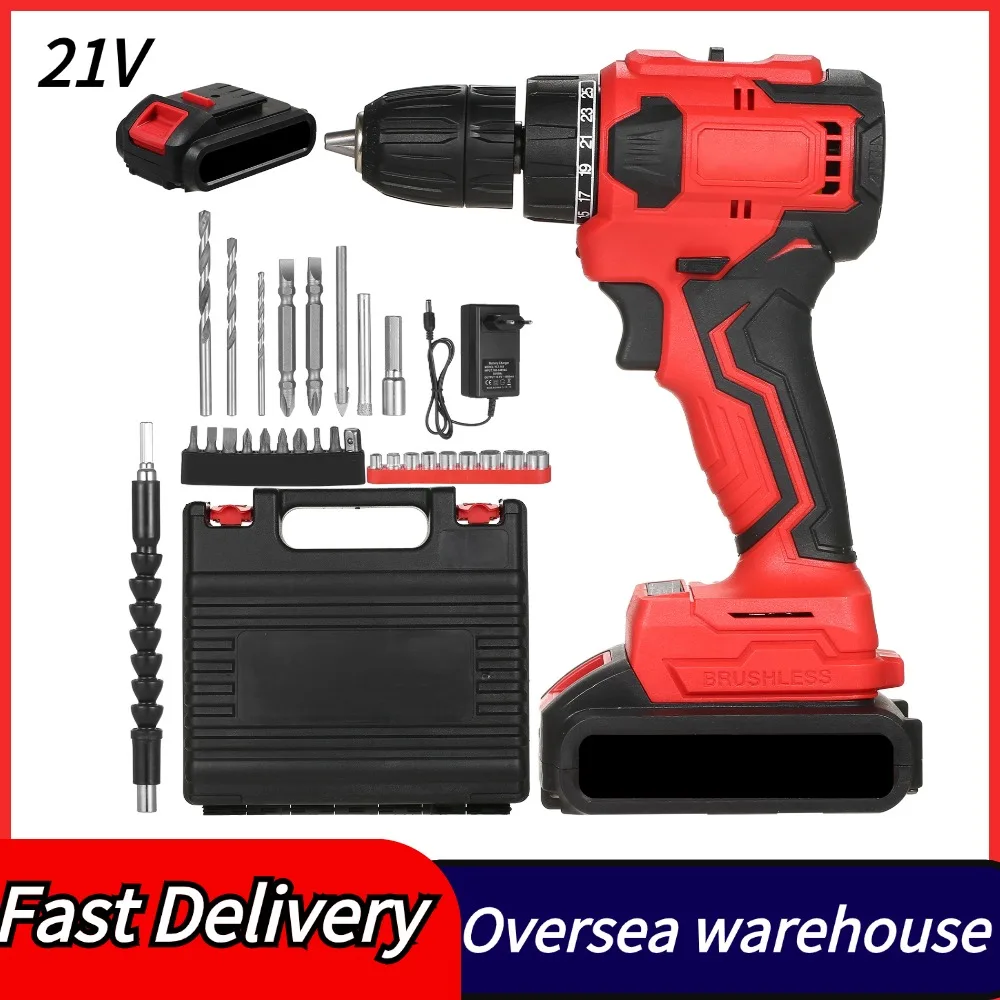 21V Brushless Drill Set 3/8in Chuck Heavy Duty Power Screwdriver with Bits Sleeves 2-variable Speed 25+1 Torque Adjustment 80N.m