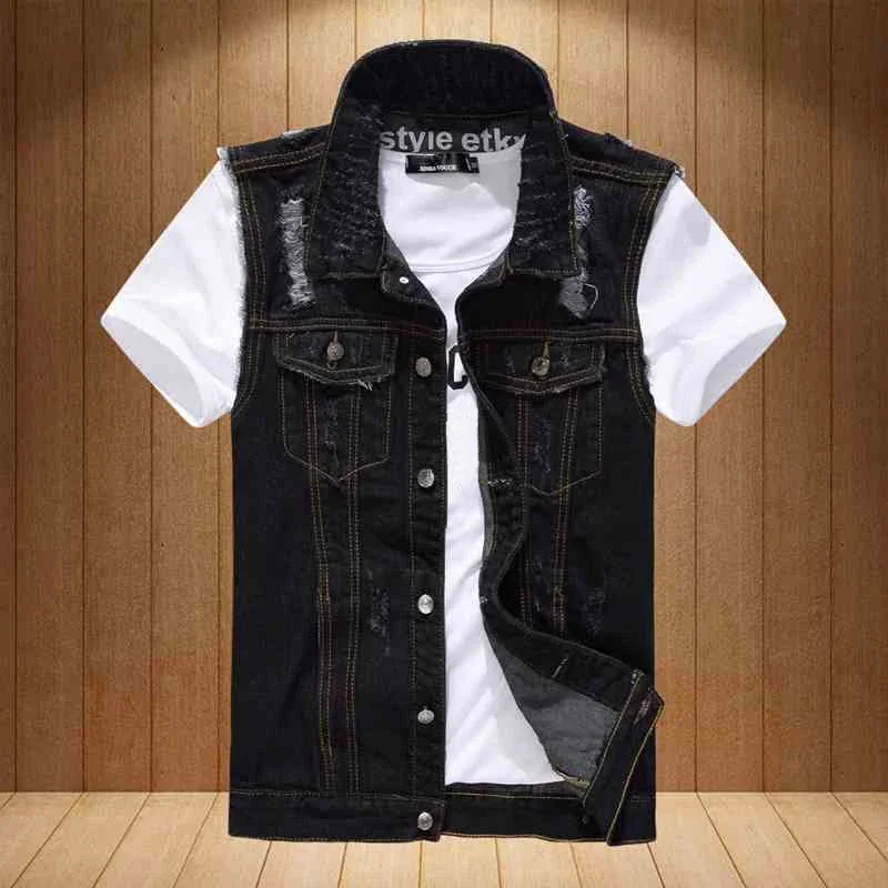 

Summer Autumn Casual Man Ripped Hole Sleeveless Black Denim Vest Coat , Fall Spring Men Male Cardigan Distressed Jeans Vests