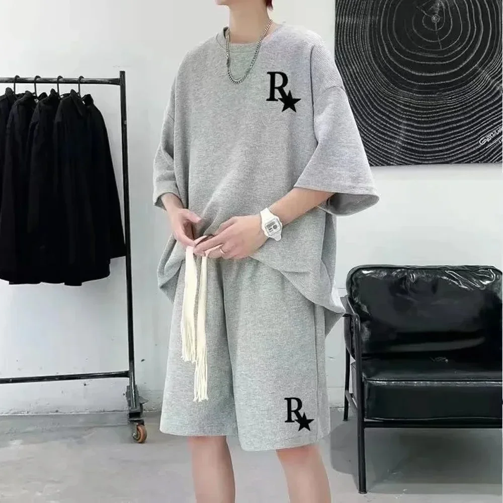 Simple Waffle Jogging Suit Men Women Summer Loose Urban Design Niche Tshirt + Shorts Casual Sportswear Patch Design 2 Piece Set