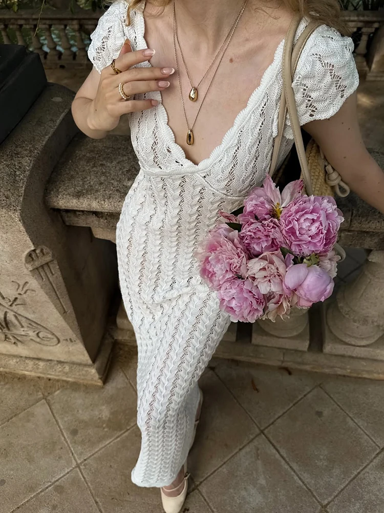 

Tuularose Ruffle Knit Dress Sexy V Neck Sleeveless Ruffle Backless Knit Long Dress Elegant Luxury Y2k Women's Evening Dresses