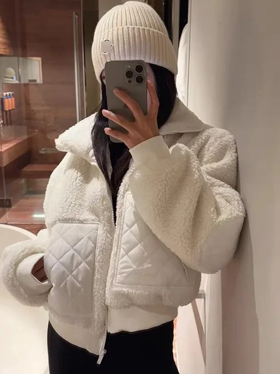 Winter Thickened Lamb Fur Splicing Women's Jacket Chic Fashionable Stand Collar Cashmere High-End Large Coat Korean Style