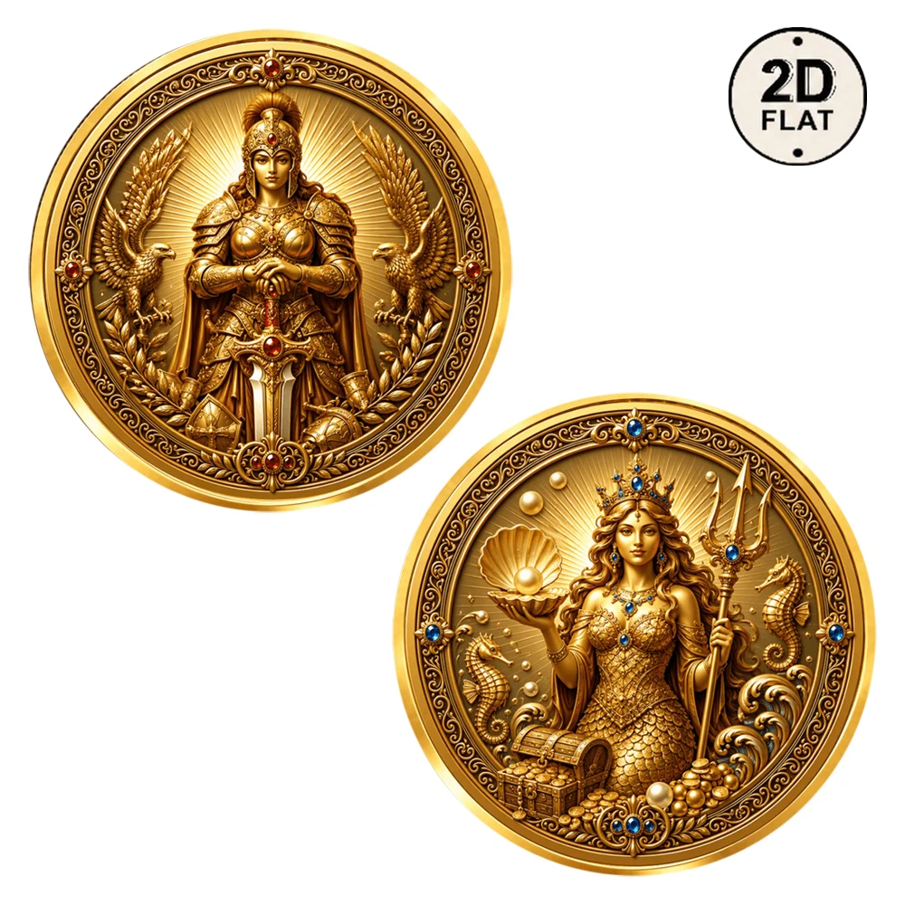 1pc Greek Goddess Commemorative Coin Athena & Amphitrite 2D UV Print Metal Challenge Coin Mythology Collectible Souvenir Gifts