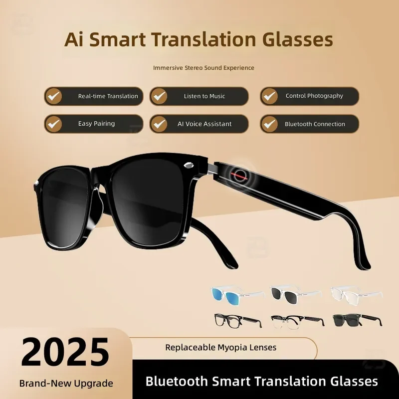 Smart AI Translation Glasses Bluetooth Audio Sunglasses Real Time Voice Translator Headset Music Earphones For Travel