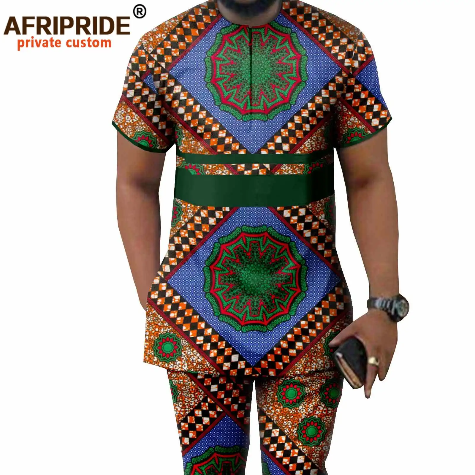 African Men Clothing Ankara Pants Set Dashiki Shirt 2 Piece Outfits Crop Top Attire Short Sleeve Plus Size Casual A2116042