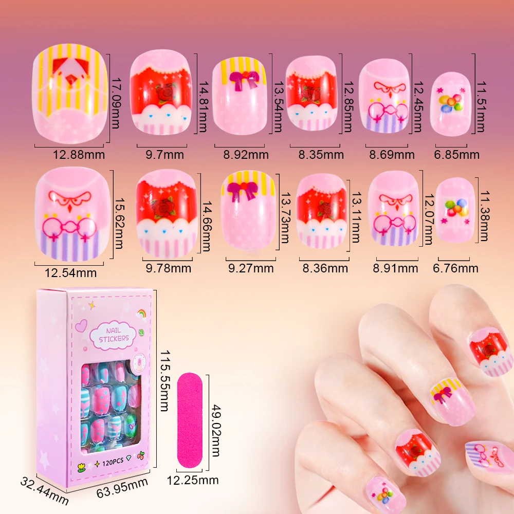 120Pcs Candy Child Nail Tips Full Cover Short False Kids Fingernails Colorful Festival  Press on Nails Grils Cute Manicure Tool%