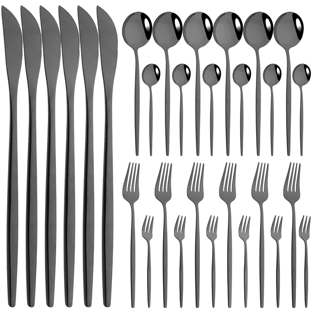 

30Pcs Black Dinnerware Set Knife Cake Fork Tea Spoons Cutlery Set Stainless Steel Silverware Western Kitchen Flatware Tableware